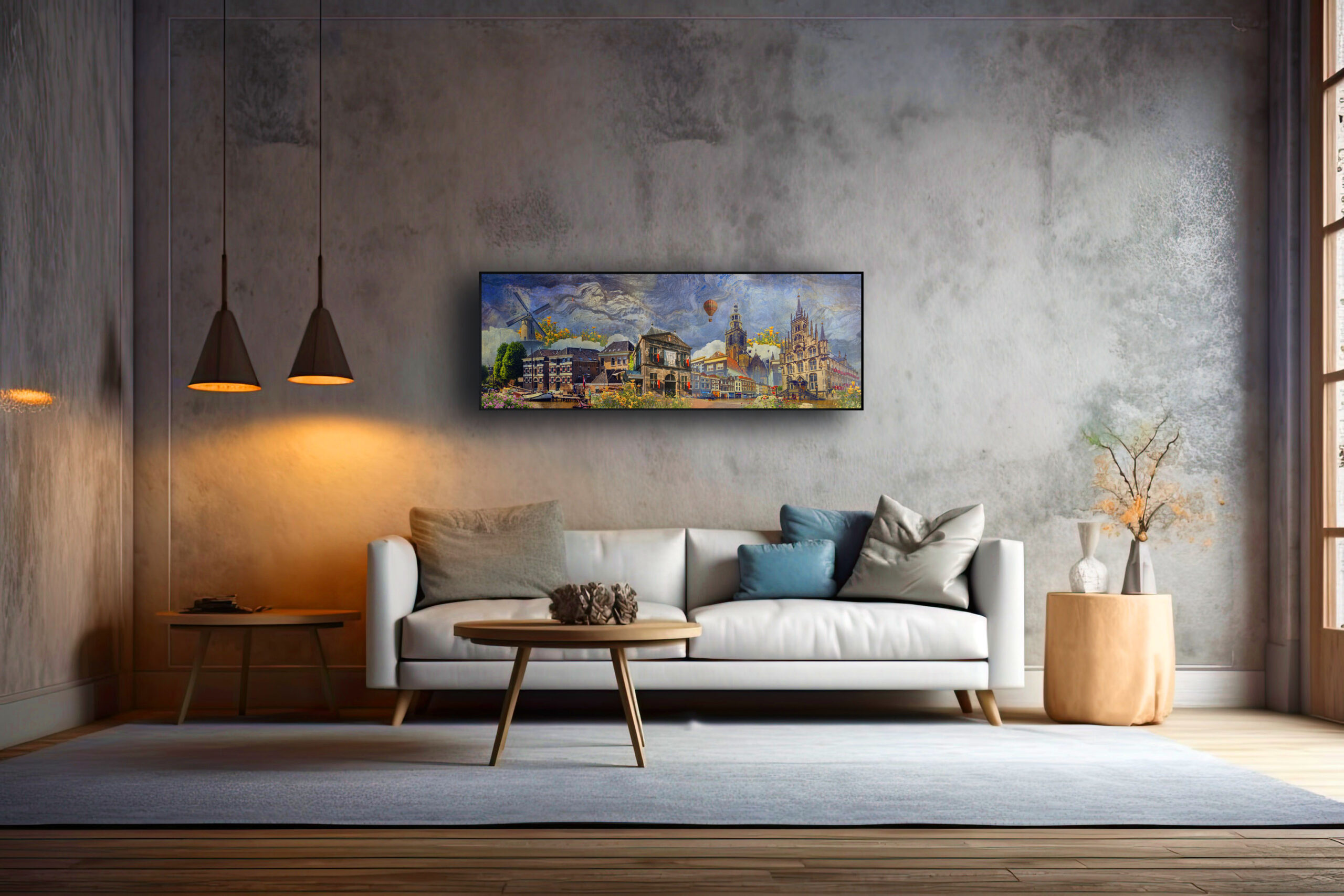 interior of a living room. Loft style sofa and lamp backdrop, wood floor, and wall template. Generative AI